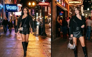 Side-by-side photos of two women styling edgy black faux leather skorts with one-shoulder tops and knee-high boots for a trendy night out.