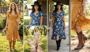 Four-panel collage featuring women wearing flowy floral wrap dresses styled with leather cowboy boots and wide-brimmed hats.