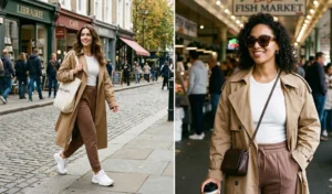 Two women showcasing chic high-low street style, wearing tailored mocha brown joggers layered with classic tan trench coats and white athletic sneakers.