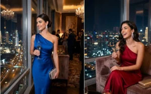 Two women wearing elegant one-shoulder cocktail dresses in sapphire and ruby tones at a rooftop lounge with a Burj Khalifa view.
