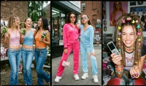 A 3-panel photo collage highlighting a fun 90s and Y2K throwback bachelorette theme with low-rise jeans, velour tracksuits, tinted sunglasses, and retro accessories.