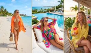 A three-panel collage highlighting Tropicalcore vacation style with bright, vibrant oversized shirts layered effortlessly over bikinis at the beach and pool.