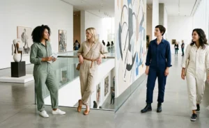 "A group of women wearing chic, utilitarian boiler suits in a spacious museum, highlighting a modern and comfortable one-piece outfit."