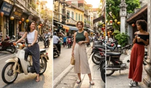 A three-panel dynamic collage set in Hanoi, Vietnam, featuring women wearing high-waisted wide-leg culottes. One panel shows a woman riding a vintage motorbike; the others show women walking and standing in the city, demonstrating practical, modest travel wear.