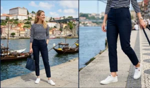 Women showcasing nautical-inspired travel fashion with Breton striped long-sleeve tees and high-waisted cigarette pants by the Douro River in Porto.