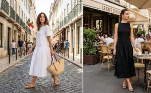 "Split-screen view of women wearing stylish drop-waist summer dresses with leather slides and strappy heels in a city setting."