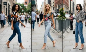 Collage of three women wearing gritty raw hem cropped jeans paired with modern transparent PVC sandals for a sleek urban look.