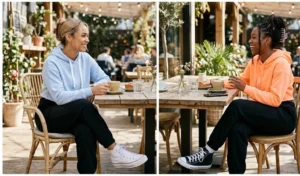 Two women sitting at an outdoor coffee shop wearing high-waisted black sweatpants styled with pastel and neon cropped hoodies, high-top canvas sneakers, and claw hair clips.