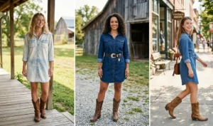 Three-panel collage of women wearing casual blue denim shirt dresses cinched with belts and paired with classic brown cowboy boots.