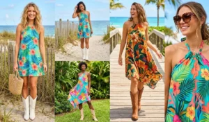 Four-panel vacation style image showing vibrant tropical print halter dresses paired with white and beige cowboy boots.