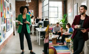 Two creative professionals in an agency setting wearing bold statement blazers in emerald green and deep burgundy over black tailored trousers and silk tops.