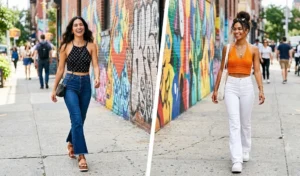 Trendy urban street style showing two women wearing Y2K-inspired fashion with dark denim and white high-waisted flare pants styled with bright, patterned halter neck crop tops.