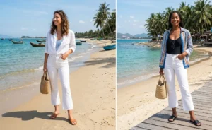 A side-by-side collage of two women wearing flat leather slide sandals specifically paired with cropped white denim flares and breezy button-down shirts at the beach.