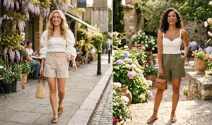 A side-by-side image showing two women on a weekend outing wearing high-waisted tailored linen shorts paired with romantic, flowy crop tops.