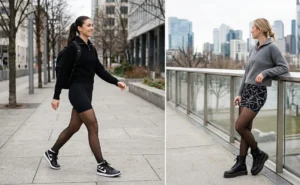 Athletic winter fashion showing half-zip ribbed sweaters styled over biker shorts, sheer tights, and sneakers.