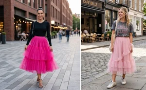A 2-panel collage of dramatic fuchsia and pastel pink ruffled tulle midi skirts, styled elegantly with a black seamless bodysuit and casually with a vintage graphic tee.