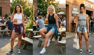 "Women wearing denim cutoff shorts with flannel shirts tied around their waists."