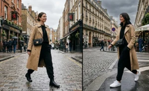 Two women in a European city wearing classic tan trench coats worn open over black sweatpants, accessorized with designer crossbody bags and chic footwear.