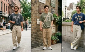 A collage of young men wearing Y2K-inspired streetwear, featuring oversized vintage graphic tees paired with relaxed, baggy khaki pants and retro chunky sneakers.