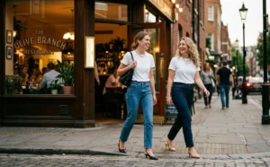 Mixing vintage and modern style with a chunky pearl choker necklace and elegant slingback heels paired with a casual white tee and denim.