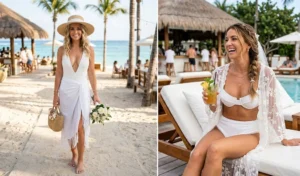 A 2-panel photo collage displaying a bride in a plunging white one-piece swimsuit with a sheer sarong, and a high-waisted white bikini with a mesh kimono at a tropical beach club.