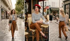 Collage of three women commuting in chic Parisian style, wearing straight-leg tobacco brown pants, black and white striped Breton tops, and loafers.