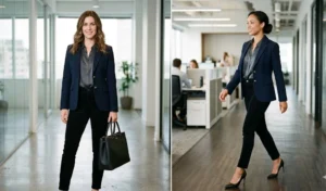 Split-screen showing business casual winter fashion with women wearing tailored wool blazers, silk blouses, and slim-fit black corduroy pants while holding structured leather tote bags.