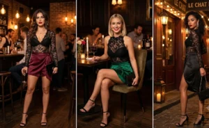 Collage of three women dressed for an elegant evening out, wearing delicate lace bodysuits paired with luxurious satin skorts and strappy heels.
