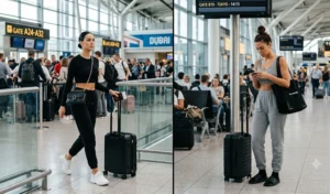 Stylish airport travel outfits featuring two women wearing comfortable high-waisted black and grey jogger sweatpants elevated with fitted, seamless long-sleeve crop tops and chunky sneakers.