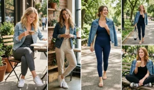 A four-panel grid showing women wearing relaxed cotton jersey jumpsuits styled with classic denim jackets and flat canvas sneakers for a laid-back weekend look.