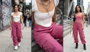 A 3-panel image featuring urban streetwear outfits with baggy rose pink cargo pants paired with structured romantic corset tops, layered silver necklaces, and ankle boots.
