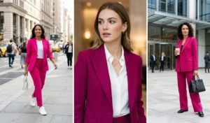 A 3-panel collage showing different women wearing tailored fuchsia pink corporate power suits, styled with white sneakers, delicate gold jewelry, and leather handbags for a chic office look.