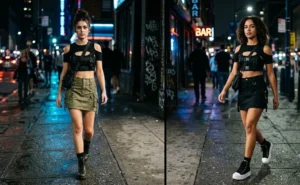 Edgy nighttime street style showing two women wearing trendy khaki and black cargo utility mini skirts paired with hardware-detailed buckle crop tops and combat boots.
