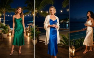 Three women wearing 90s-inspired satin slip dresses in elegant jewel tones, styled for warm tropical evenings and cruise deck parties.