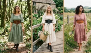 Collage of three women modeling flowy linen midi dresses in sage green, antique ivory, and dusty rose, styled with brown leather corset belts and lace-up boots for an earthy cottagecore aesthetic.