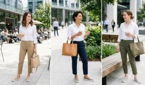 A photo collage of three women outdoors wearing business casual outfits featuring tailored cropped chinos, crisp white button-down shirts, and high-quality suede slip-on sneakers.
