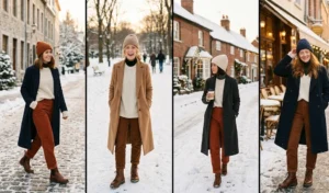 Four women in heavily layered winter outfits featuring textured rust brown corduroy pants styled with chunky cream knit sweaters and long wool coats.