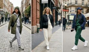 "Women wearing quilted jackets over monochromatic sweatsuits and sneakers."