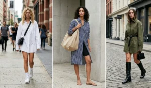 A three-panel collage demonstrating the no-pants trend, featuring women wearing long oversized button-down shirts paired with chunky athletic sneakers and knee-high leather boots.