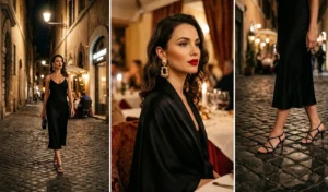 A three-panel photo collage of elegant evening fashion in Rome featuring a timeless black midi slip dress, a bold red lip with gold drop earrings, and chic low strappy heels on cobblestones.