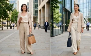 A side-by-side image of two professional women wearing high-waisted linen trousers and silk camisoles in a sunny office district.