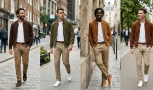 Split-screen of four men modeling premium street style, wearing rich suede bomber jackets in earth tones paired with neutral khaki pants and luxury sneakers.