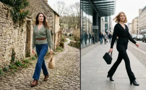 Women styling wrap-front knitted sweaters with high-waisted flare pants and boots for a flattering winter silhouette.