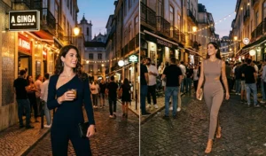 Women dressed for a night out in Bairro Alto, wearing elegant dark evening jumpsuits with asymmetrical necklines and minimalist metallic jewelry.