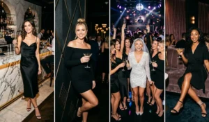 A 4-panel photo collage of a bachelorette squad in elegant Little Black Dresses, beautifully contrasting with the bride who is wearing a sparkling white dress in an upscale nightclub.