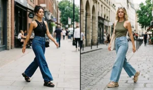 Split photo of two fashion influencers wearing wide flared denim jeans paired with utilitarian chunky dad sandals walking outdoors.