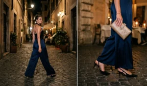A two-panel evening fashion collage of women wearing flowing midnight blue silk wide-leg trousers and fitted halter-neck tops in Rome, accessorized with a metallic clutch and kitten heels.