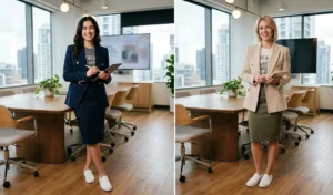 Side-by-side images of two women in a boardroom wearing modernized corporate outfits with classic pencil skirts, muted graphic tees, double-breasted blazers, and leather slip-on sneakers.
