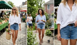 A three-panel collage of effortless summer outfits featuring crisp oversized button-down shirts half-tucked into vintage blue denim cutoff shorts.