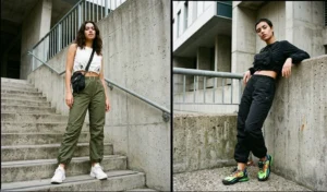 Edgy Y2K-inspired urban outfits featuring two women wearing baggy olive green and black parachute pants styled with functional drawstring hem crop tops and sneakers.